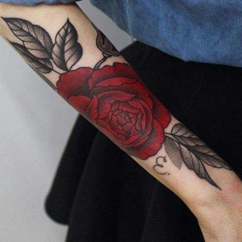 Bold Dark Grey Leaves And Red Rose Forearm Tattoo For Women