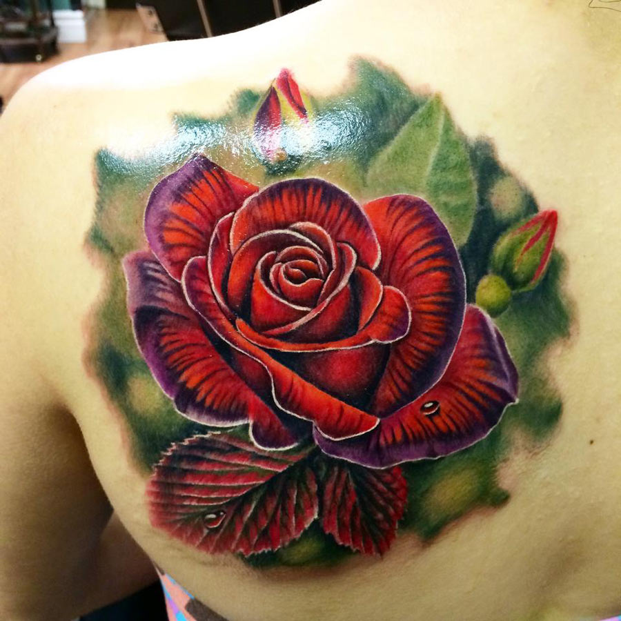 Classic 3D Red Rose tattoo on women back shoulder