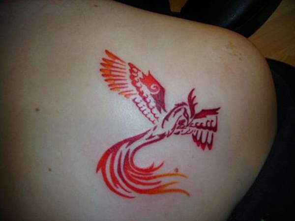 Colored back shoulder phoenix tattoo for women