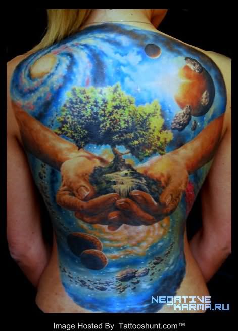 Colored hands holding earth tree tattoo on full back by Negatine Kamaru