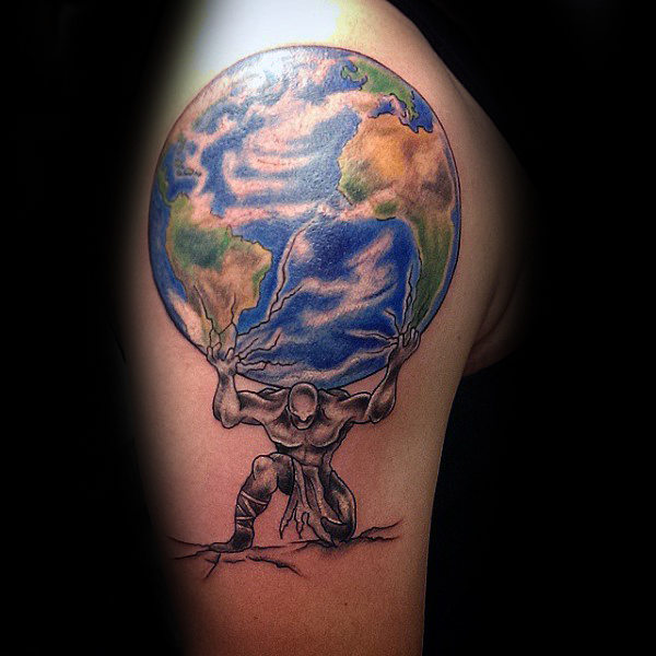 Colored man holding earth tattoo on body for men