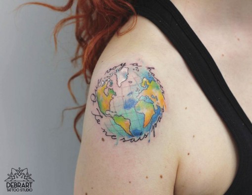Colored watercolor earth tattoo with message on right upper arm for women by debrart tattoo studio