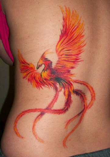 Colorful 3D Girly Phoenix Tattoo On Girl Side Back