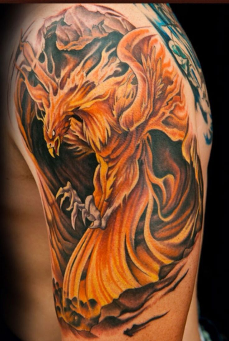 Colorful 3D Orange Phoenix Tattoo On Men’s Half Sleeve