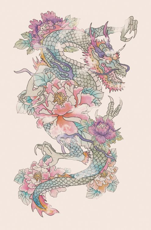 Colorful Dragon And Flowers Tattoo Design