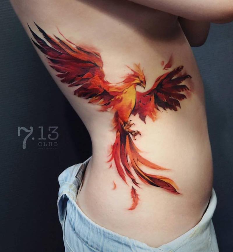 Colorful Flying Phoenix Tattoo Side Body by Irina Doroshenko