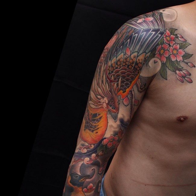 Colorful Full Sleeve Phoenix Tattoo For Men