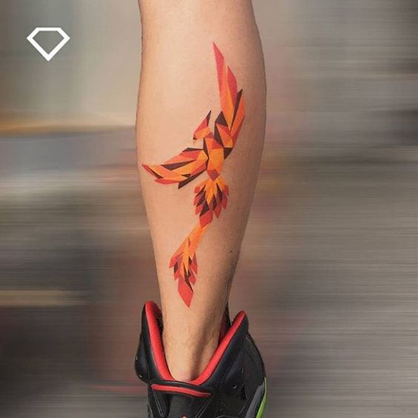 Colorful Geometric Phoenix Tattoo On Girl Leg (Calf)