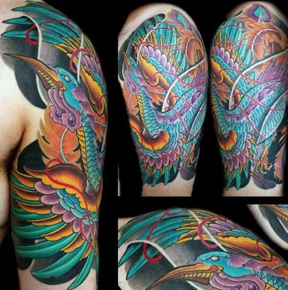 Colorful Japanese Phoenix Tattoo On Male Half Sleeve