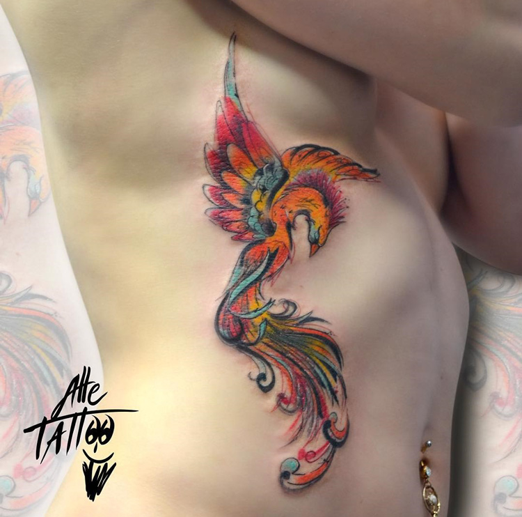 Colorful Phoenix Side Tattoo For Girls