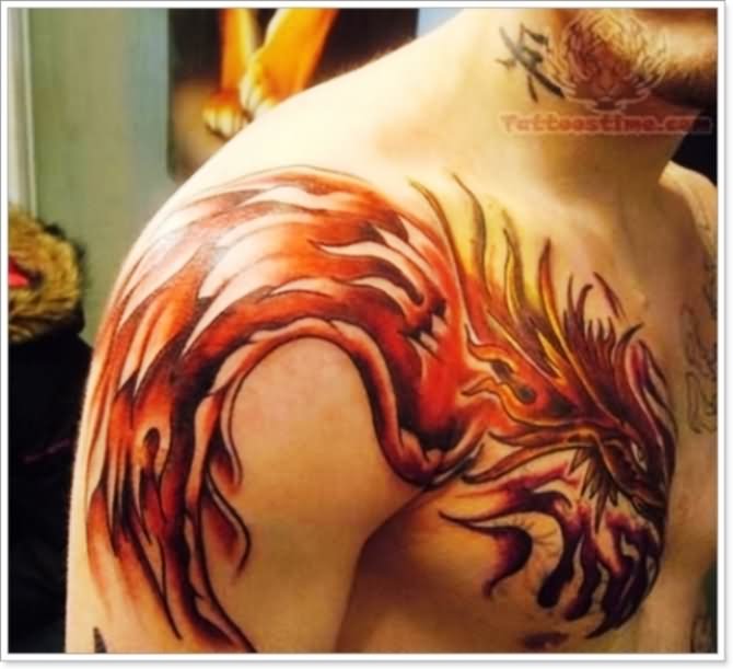 Colorful Phoenix Tattoo On Male Chest