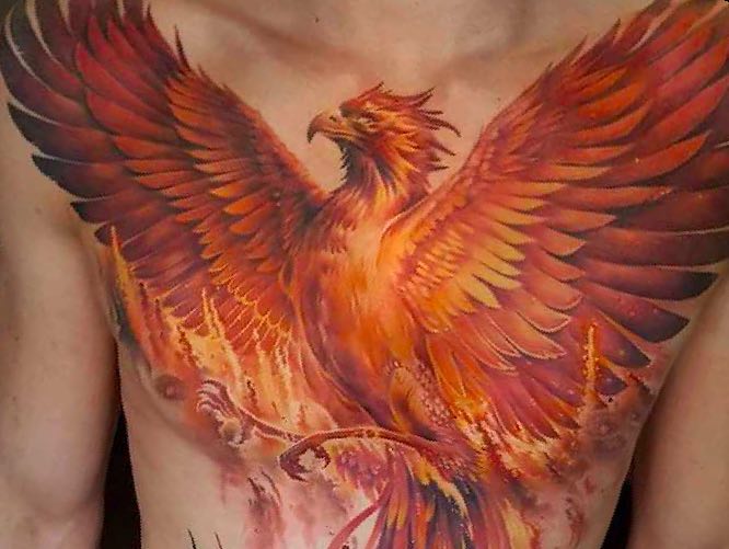 Colorful Realistic 3D Phoenix Male Chest Tattoo