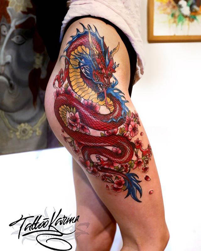 Colorful Red Dragon Tattoo On Girl Side Body By Mikhail-Anderson