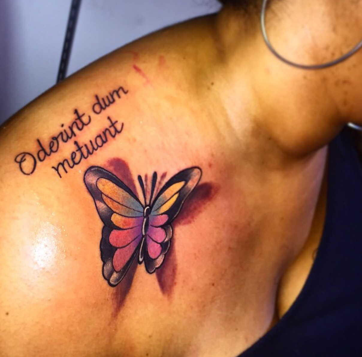 Shoulder Butterfly Tattoo With Quote
