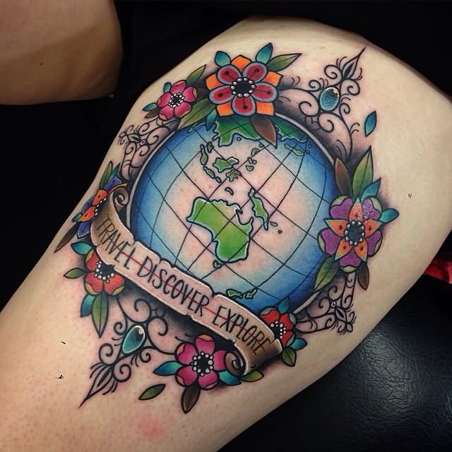 Colorful earth and flowers tattoo on body
