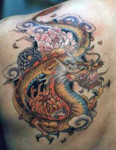 Colorful Japanese dragon with flowers tattoo on right back shoulder