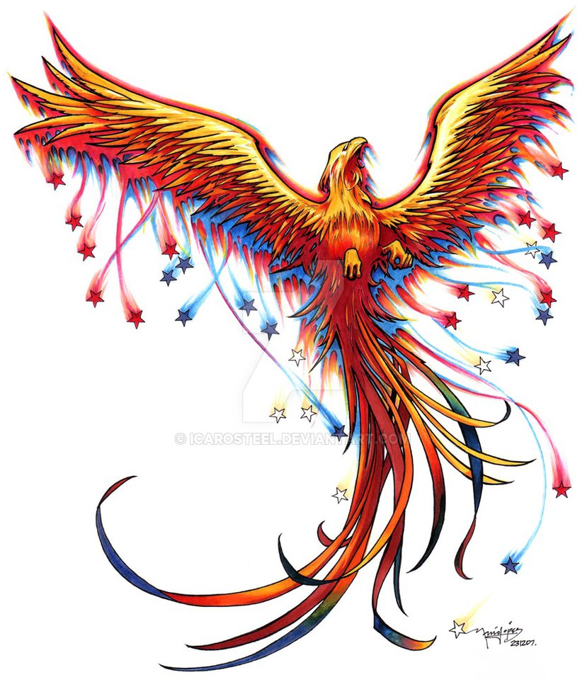 Colorful rising phoenix and stars tattoo design
