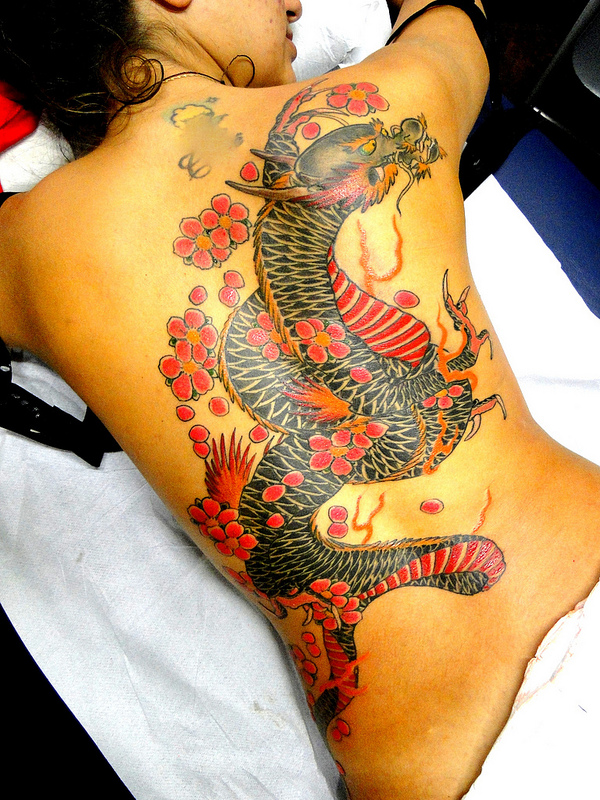 Colored 3D dragon and flowers tattoo on full back for women