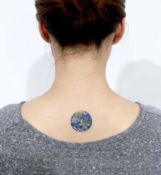 Coloured 3d earth tattoo on women upper back