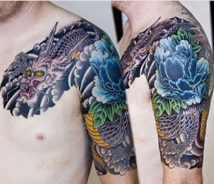 Coloured Japanese dragon flower tattoo on left chedt and half arm for men