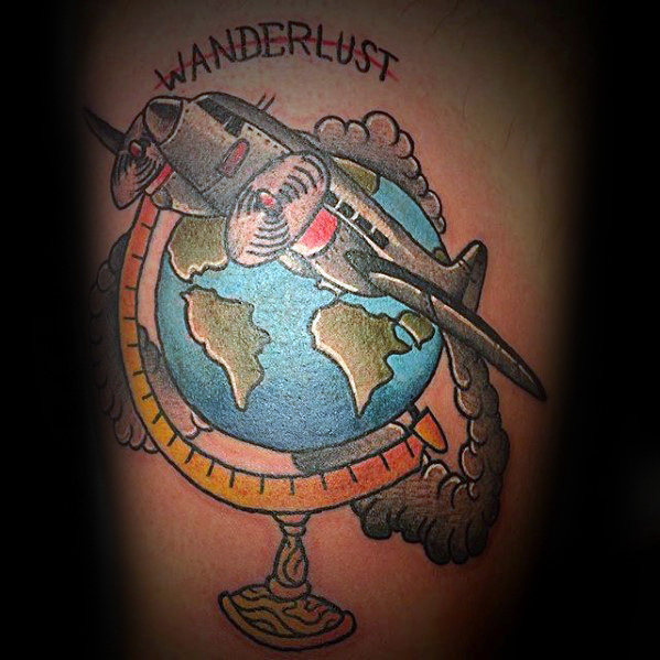 Colorful globe and airplane tattoo on body for men