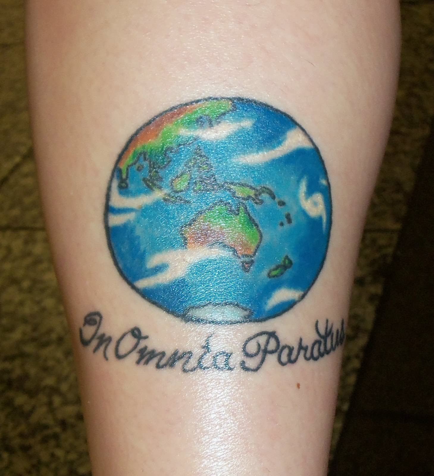 Colorful globe earth tattoo with message on body