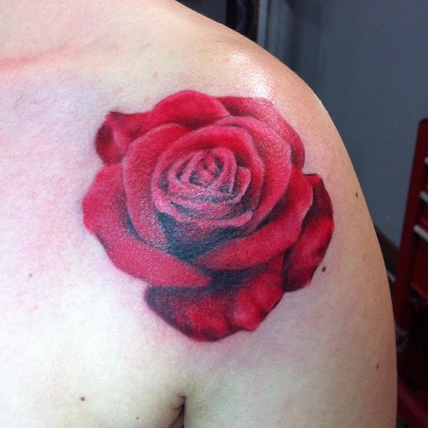Front shoulder realistic red rose tattoo