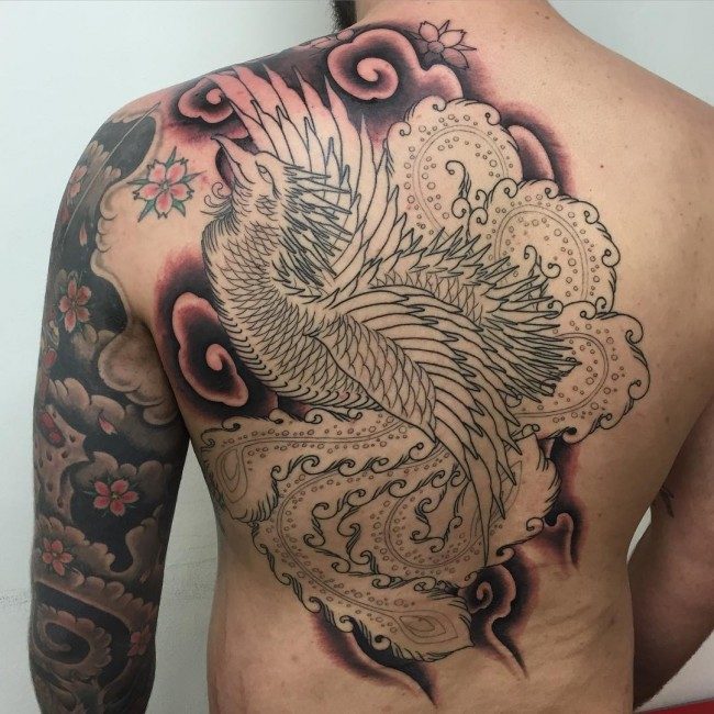 Full Back black outline phoenix in clouds tattoo for men