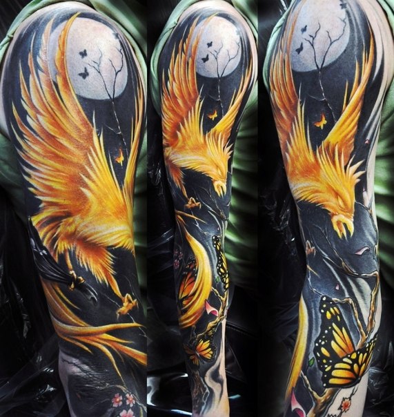 Full Sleeve Night Burning Phoenix Tattoo For Men
