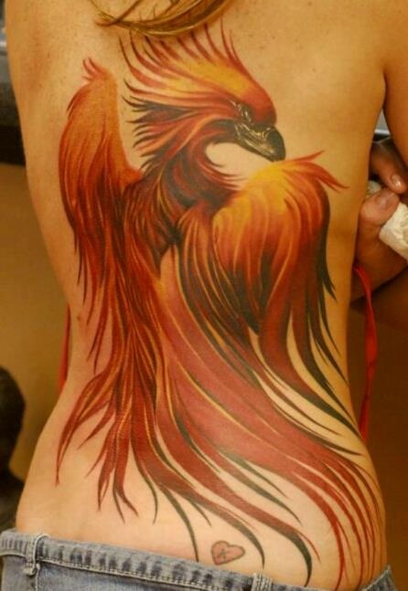 Full back great phoenix tattoo for women