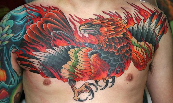 Full chest traditional phoenix tattoo for men