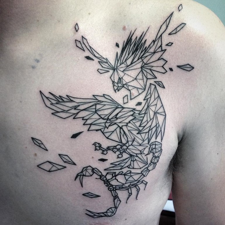 Geometric Black Outline Scorpion Eagle Phoenix Tattoo on Front Shoulder