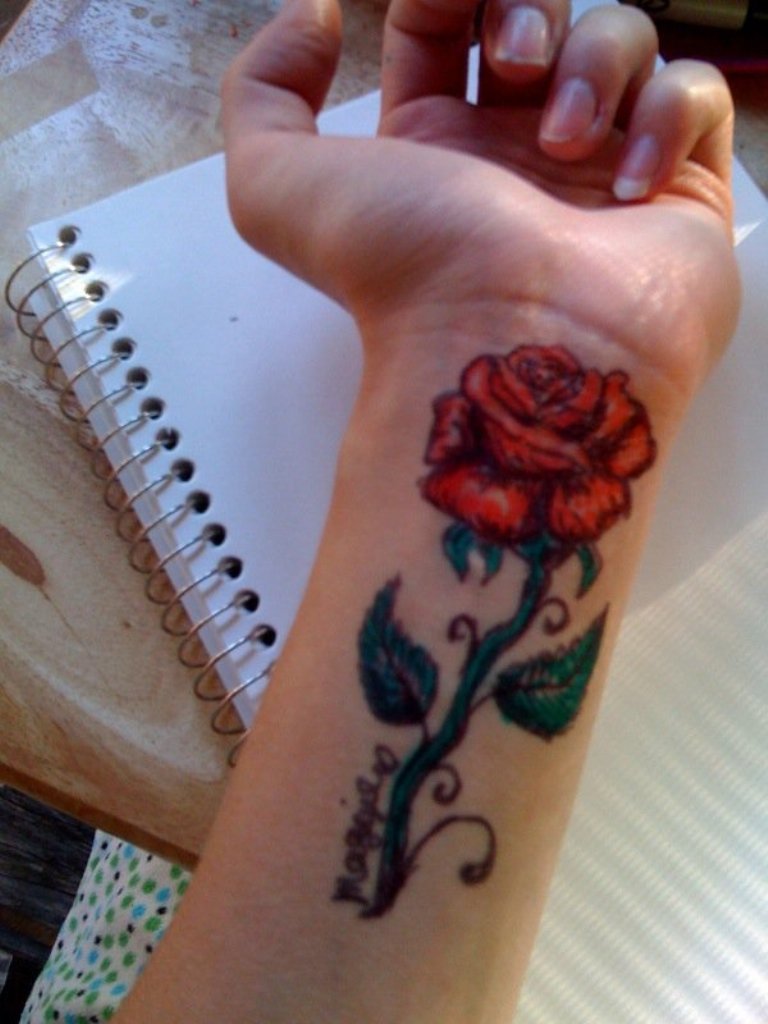 Girly red rose wrist tattoo