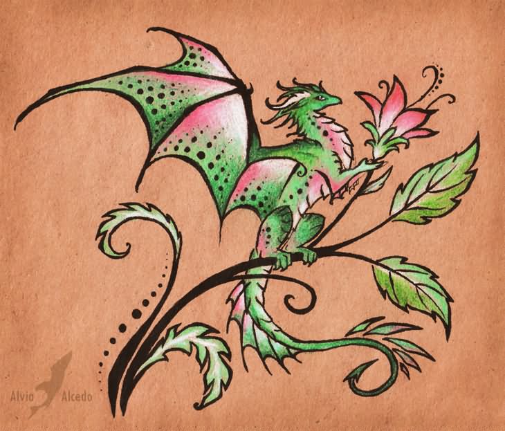 Green dragon flower tattoo on body by Alviaalcedo
