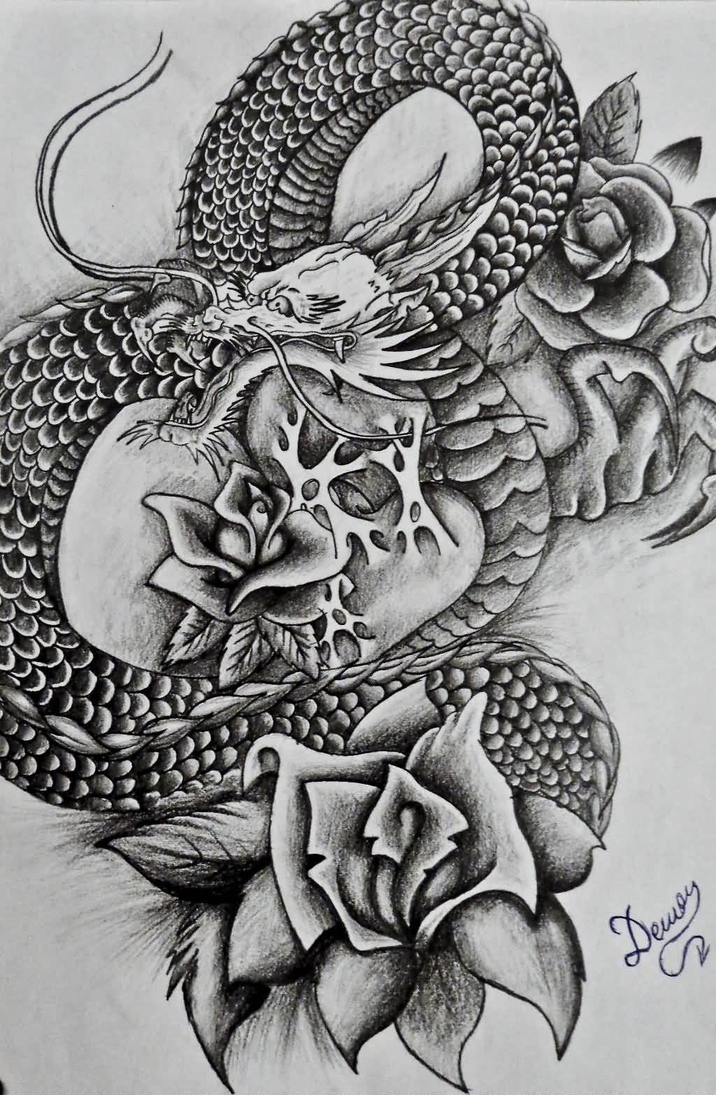 Grey Ink Dragon And Flowers Tattoo Sketch