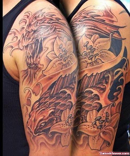 Grey Ink Dragon With Flowers & Koi Fish Tattoo On Men’s Half Sleeve