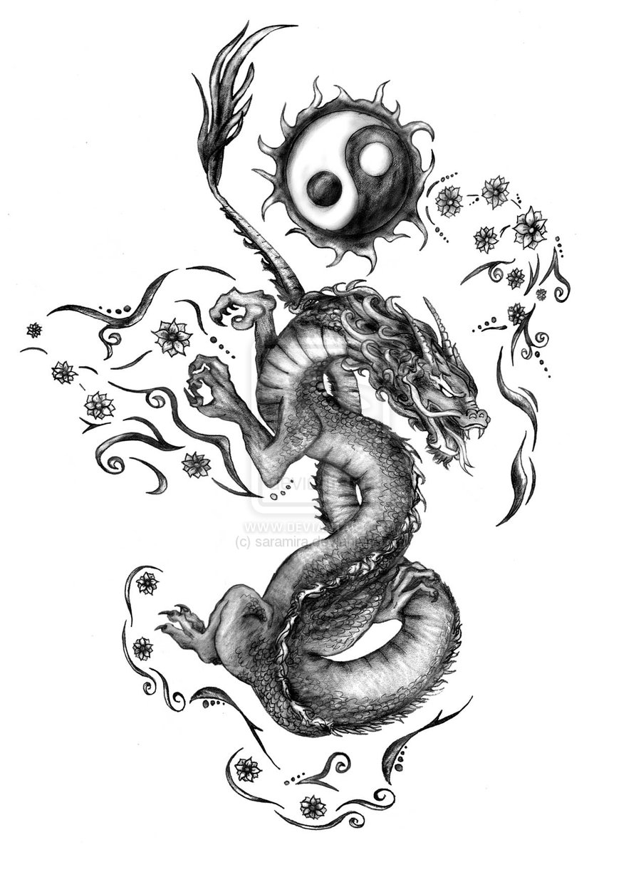 Grey Ink Dragon With Flowers and Yin Yang Tattoo Design