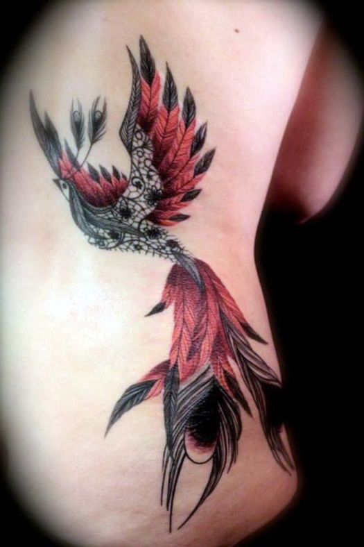 Grey and Red Ink 3D Phoenix Tattoo On Girl Siderib