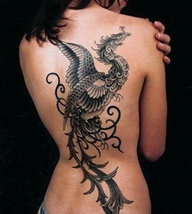 Grey and black ink amazing dragon tattoo on girl back