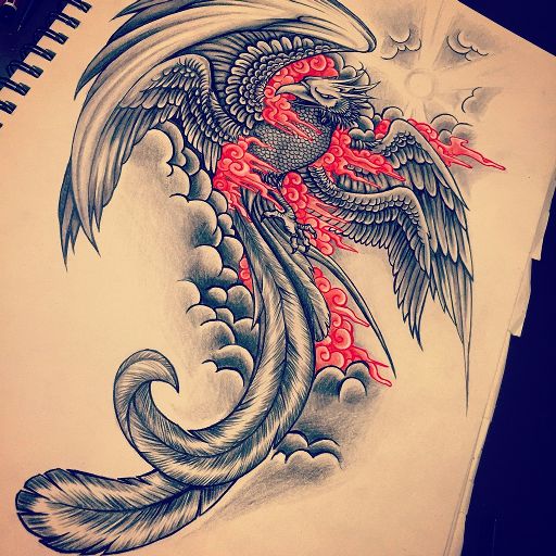 Grey and red ink phoenix in clouds tattoo design for men