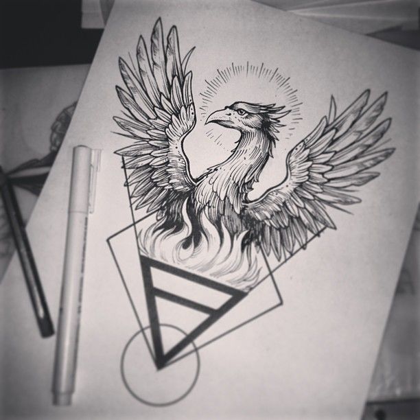 Grey ink geometrical designed phoenix tattoo sketch
