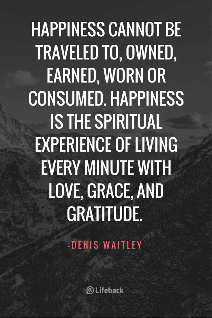 Happiness cannot be traveled to, owned, earned, worn or consumed. Happiness is the spiritual experience of living every minute with love, grace, and gratitude. Denis Waitley
