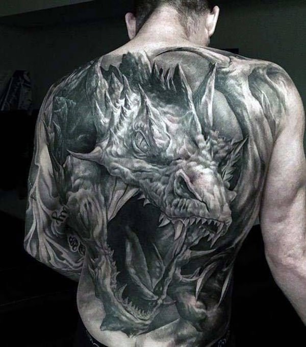 Incredible 3D dragon face tattoo on full back of men