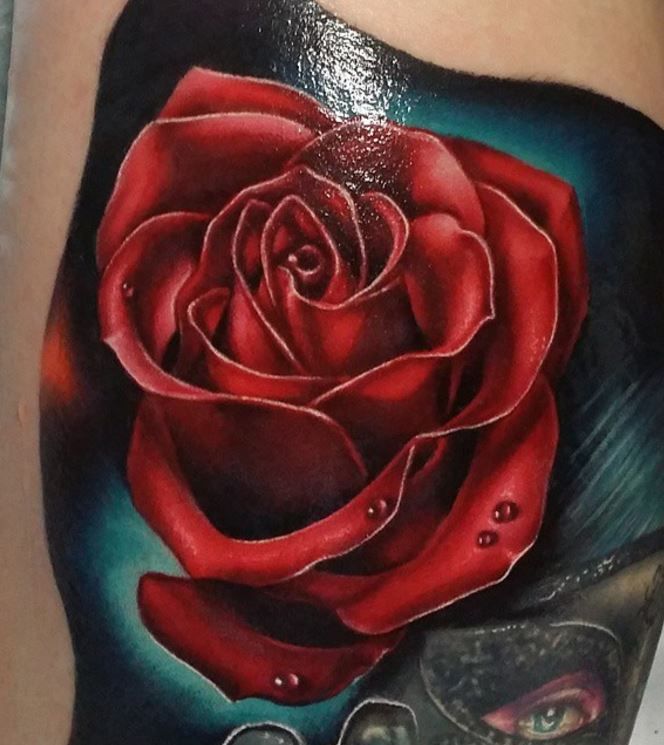 Incredible 3D realistic red rose with dew drops tattoo design