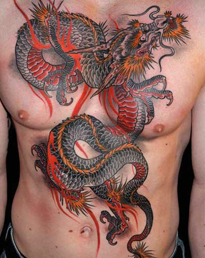 Japanese dragon tattoo on chest of men