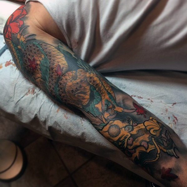 Men’s Full Sleeve Yellow Dragon & Flowers Tattoo