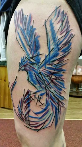 Modern Style Blue Black Phoenix Tattoo On Thigh