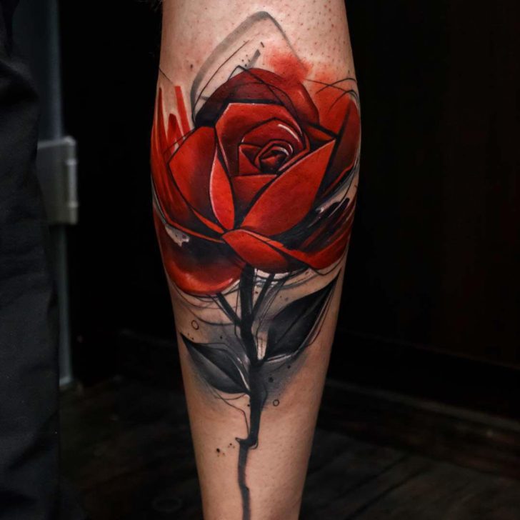 Modern Style Red Rose Tattoo On Calf (Leg)