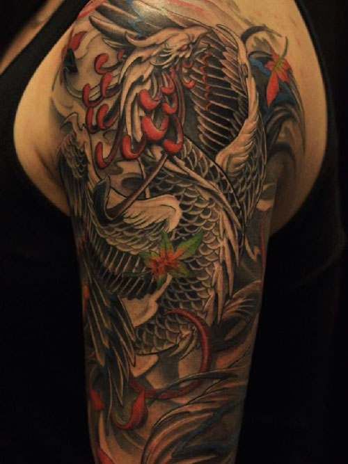 Multicolored Japanese Phoenix Tattoo on girl half sleeve
