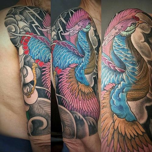 Multicolored full sleeve phoenix tattoo for men